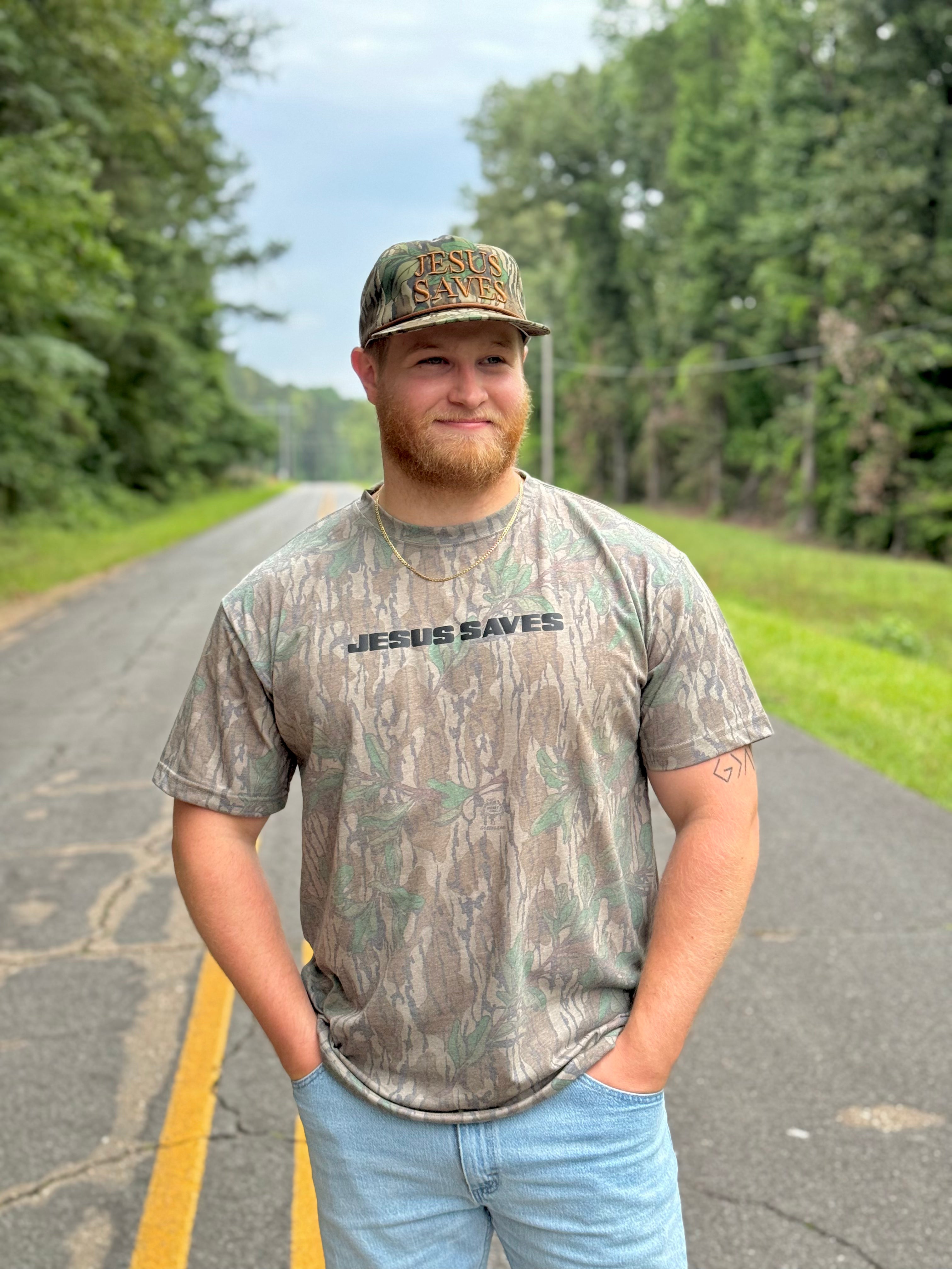 Jesus Saves Tee - Washed Mossy Oak Greenleaf