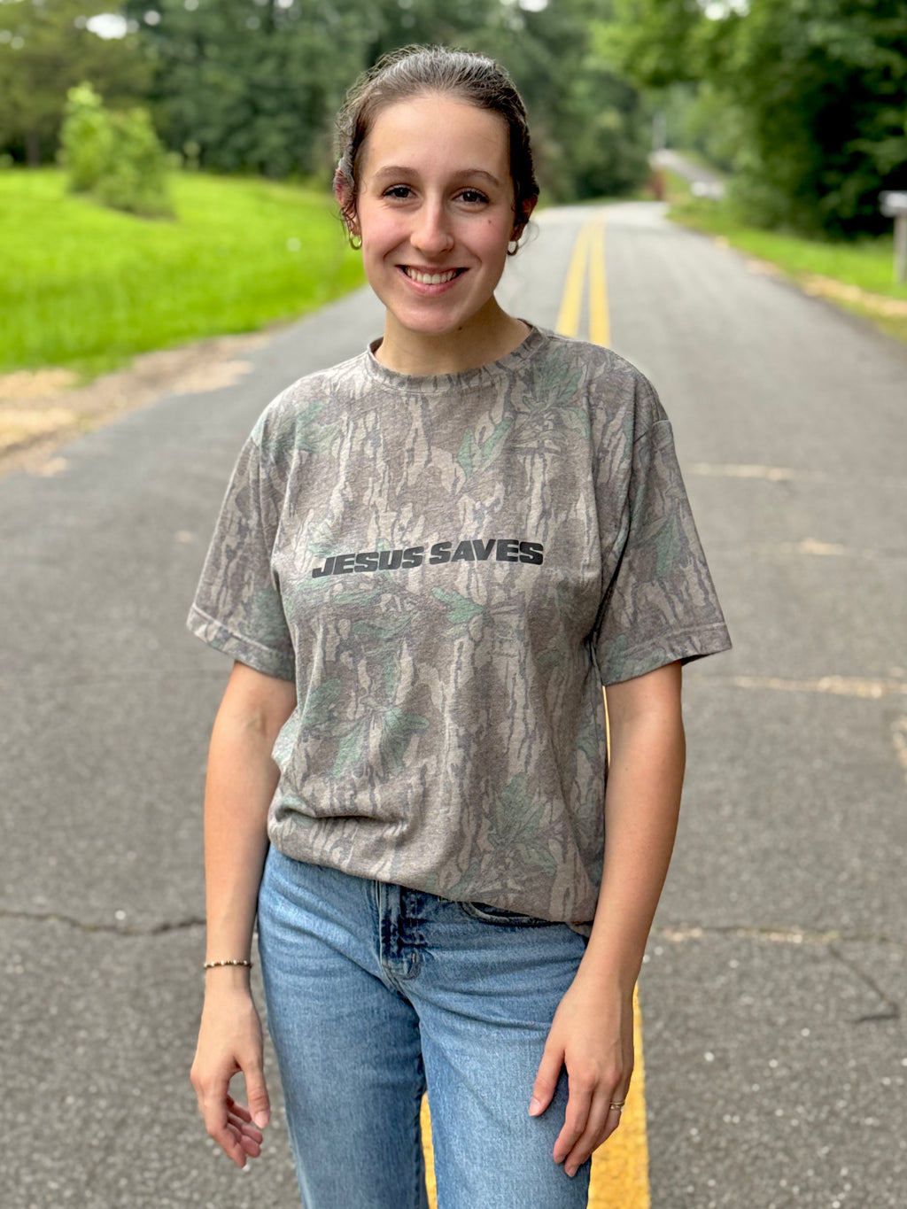 Jesus Saves Tee - Washed Mossy Oak Greenleaf